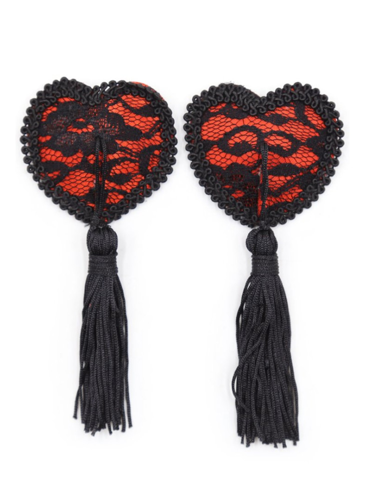 Paire de cache tétons adhésifs en forme de cœur avec dentelle noire et pompom - NP-0077